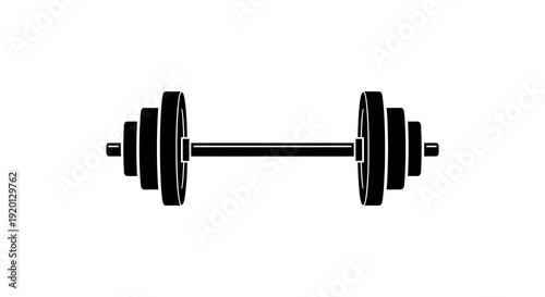 A black barbell with weight plates centered on a white background depicting strength training equipment