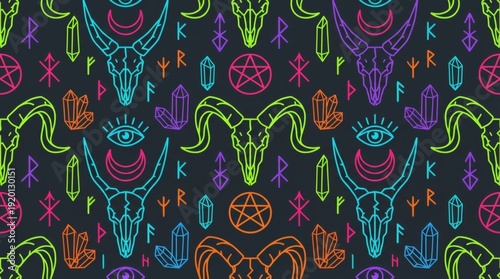 Bright Goat Skulls and Occult Symbols Pattern - Mystical Neon Seamless Vector Illustration Design