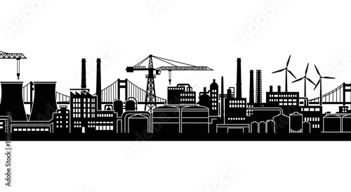 A stark black and white silhouette of an industrial cityscape featuring cranes smokestacks and bridges high quality professional