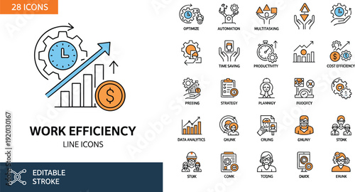 Set of 28 work efficiency line icons for time saving automation productivity tracking and cost-effective management