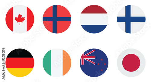 collection of round national flag icons featuring canada norway netherlands finland germany ireland new zealand and japan flat vector set isolated on white background