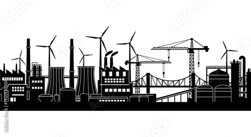 A black silhouette depicts an industrial cityscape with wind turbines and construction cranes high quality professional