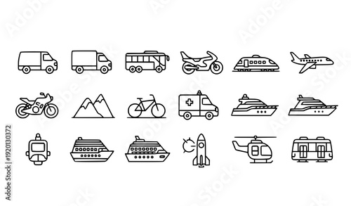 Modern Transportation Outline Icons Vector Set with Bus Plane Train Rocket and Ambulance