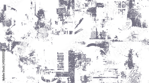 Distressed grunge collage with abstract shapes and text fragments. textured background with vintage feel