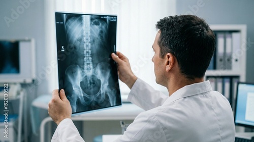 Doctor examining spine and pelvis X-ray film in clinic, medical professional reviewing radiograph image in hospital setting