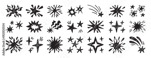 Monochrome stars set collection doodle hand drawn icon. Outline stars drawing star line clipart symbol.
