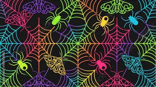 Multicolored Spider Webs Spiders Moths on Black - Rainbow Gothic Seamless Pattern Vector Illustration