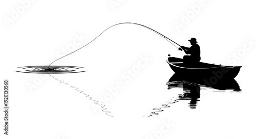 A silhouetted fisherman in a small boat casts a line creating ripples on the water
