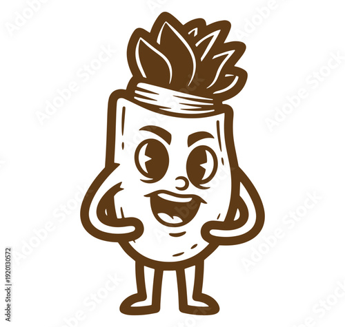 Friendly cartoon character of a happy coffee mug with decorative plant on top