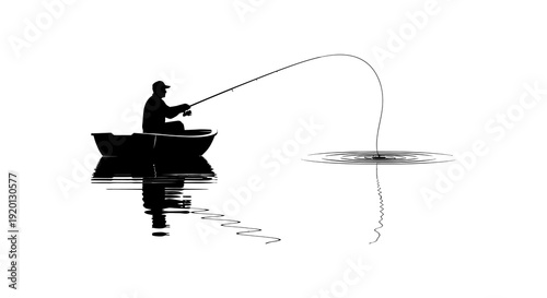 A silhouetted fisherman in a small boat casts a line into calm waters creating ripples