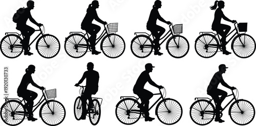 Cyclist silhouette collection vector illustration featuring men and women riding bicycles with baskets and backpacks isolated black set