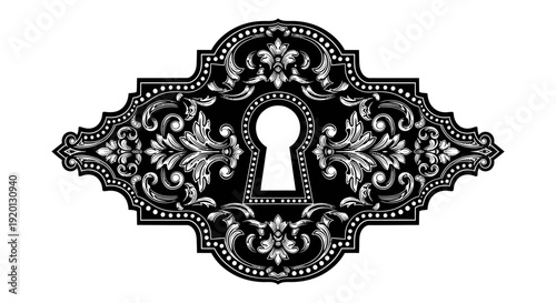 An ornate black and white keyhole design featuring swirling floral and geometric patterns high quality professional detailed modern