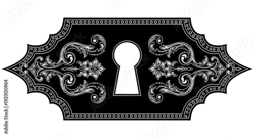 An ornate black keyhole plate with swirling designs and a central viewing aperture high quality professional