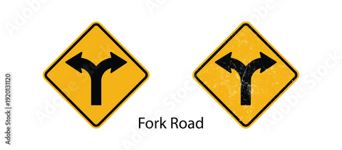 fork road traffic sign icon set yellow direction choice clean and grunge style