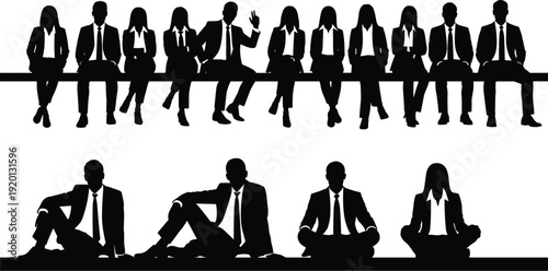 Set of diverse business people silhouettes sitting in a row wearing formal suits and office attire isolated on white background for corporate teamwork and leadership concept