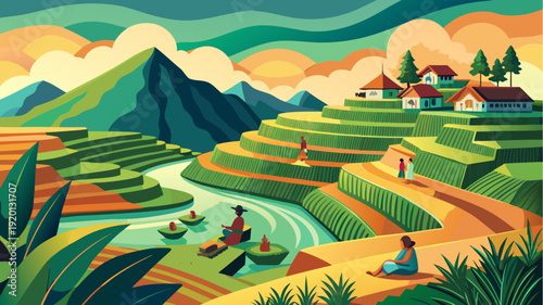 Colorful terraced rice fields in mountain valley with village houses and farmers working in vibrant flat design illustration
