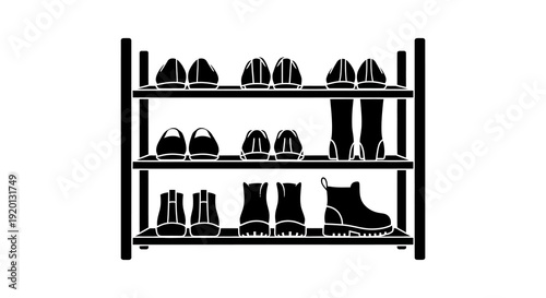 A black and white illustration of a three tiered shoe rack filled with various footwear high quality