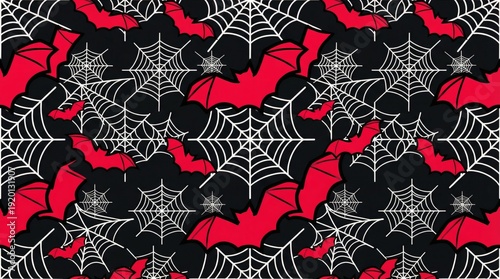 Red Bats and Spider Webs on Black Background - Bold Halloween Seamless Pattern Vector Illustration