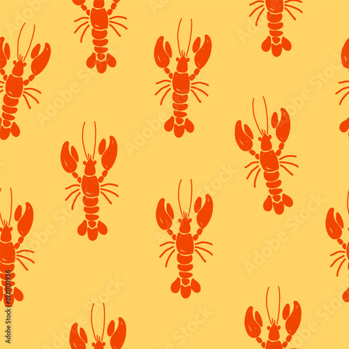 Hand draw lobster seamless pattern in vector format. Bright red lobsters on yellow background.