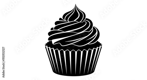 A black and white silhouette illustration of a frosted cupcake with a patterned wrapper high quality