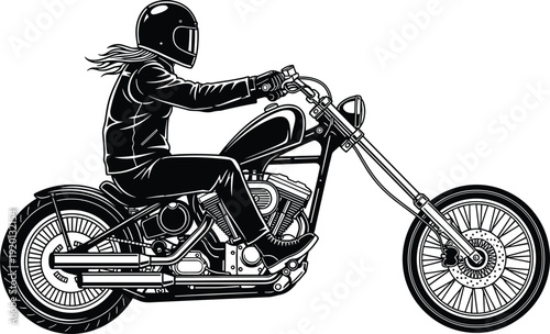 Vintage chopper motorcycle rider vector illustration, black and white biker silhouette with helmet, classic custom cruiser motorbike design