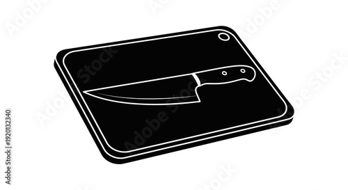 A black and white illustration of a cutting board with a kitchen knife resting on top