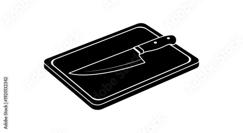 A black and white illustration depicts a kitchen cutting board with a chef s knife resting on top