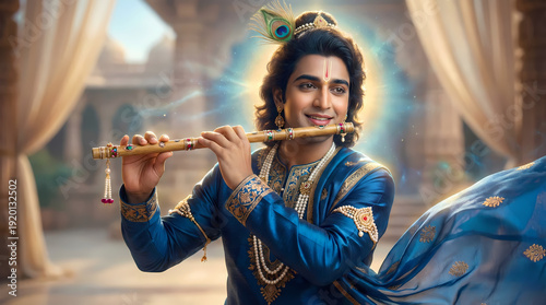 Lord Krishna joyful flute performance in palace setting as vibrant background wallpaper.