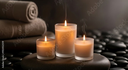Zen Spa Still Life with Burning Candles and Massage Stones