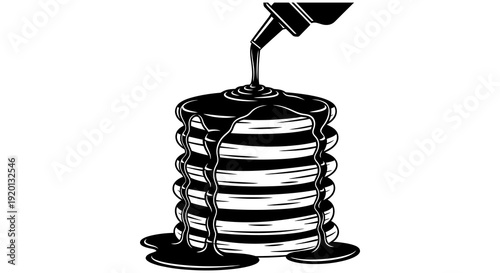 A stack of pancakes is being drenched in a thick dark syrup in this illustration