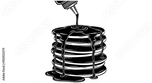 A black and white illustration depicts a stack of pancakes being drizzled with syrup high quality