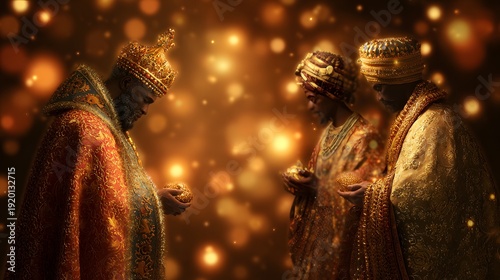 Wisemen's Pilgrimage: Three wisemen stand in reverence, illuminated by a warm, golden light, as they present gifts, their expressions filled with reverence and devotion.