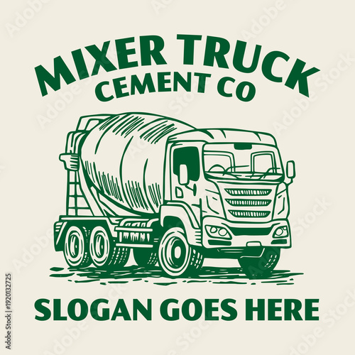 Vintage Mixer Truck Cement Company Logo Design Featuring a Hand Drawn Construction Vehicle Illustration.