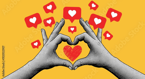 Hands Forming Heart Shape with Social Media Likes and Hearts Floating Around