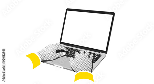 Hands typing on a laptop computer with a blank screen, modern technology and remote work concept