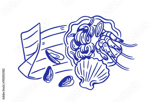 Seafood pasta, Italian dish, retro doodle sketch drawing. Dolce vita mediterranean cuisine with sea food, shrimps, mussels on plate, drawn line-art. Vector illustration isolated on white background