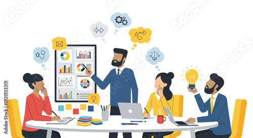 Business meeting with diverse team collaborating on project ideas.