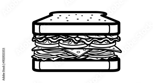 A black and white line drawing depicts a stacked sandwich with multiple layers of fillings