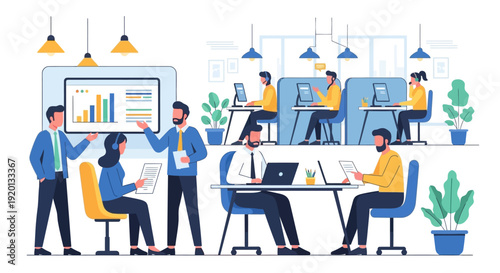 Business meeting with diverse team collaborating on project.