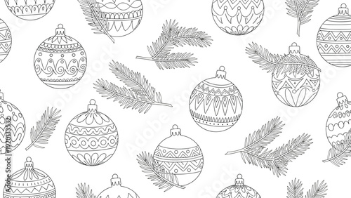 Festive black and white line art pattern featuring detailed christmas baubles and pine needles for holiday coloring and decor.