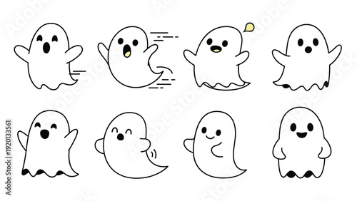 Collection of eight simple black and white ghost icons showing different poses and expressions for halloween and spooky themes.