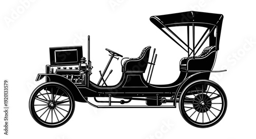 A detailed black and white illustration of a vintage early 20th century automobile high quality professional modern
