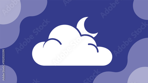 Simple white icon of a fluffy cloud with a crescent moon peeking out set against a dark blue background with abstract shapes.