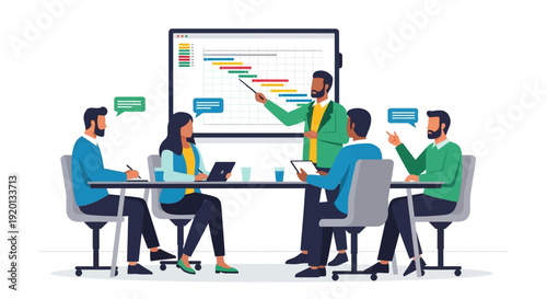 Business meeting with diverse team discussing project plan on screen.