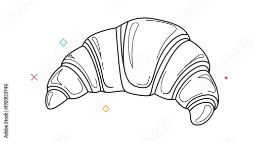 Appetizing black and white line drawing of a flaky French croissant pastry with a few small colorful decorative shapes around it.