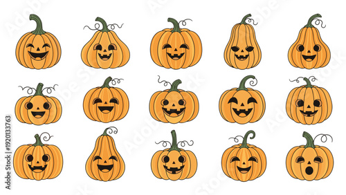 Comprehensive set of fifteen unique jack-o-lantern pumpkins with various funny and scary faces for Halloween decorations.