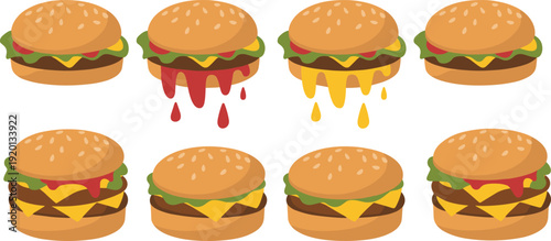 Cartoon cheeseburger set with dripping ketchup and mustard, flat fast food hamburger collection with sesame buns, cheese and lettuce vector illustration
