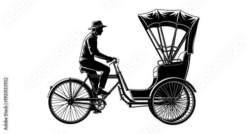 A silhouetted image depicts a rickshaw puller riding a three wheeled vehicle high quality professional detailed modern