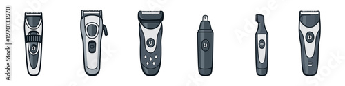 Collection of grooming tools including beard trimmers and nose hair clippers