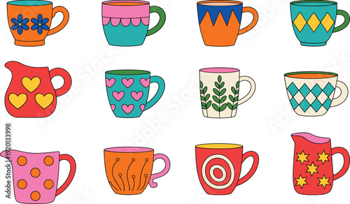 Colorful cartoon cups and mugs collection with decorative patterns, cute hand drawn tea and coffee mugs vector illustration set isolated on light background for kitchen design